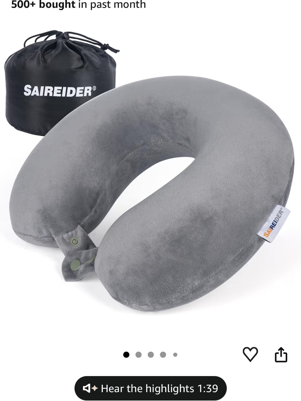 SAIREIDER Gray Memory Foam U-Shaped Travel Neck Pillow NWOT